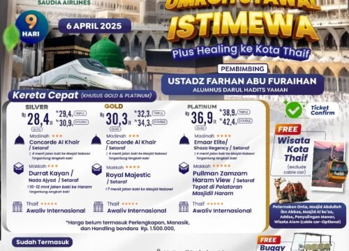 HANYA 28 JUTA-AN : UMROH  BERSAMA USTADZ FARHAN ABU FURAIHAN HOTEL PELATARAN HARAM PLUS THAIF APRIL 2025